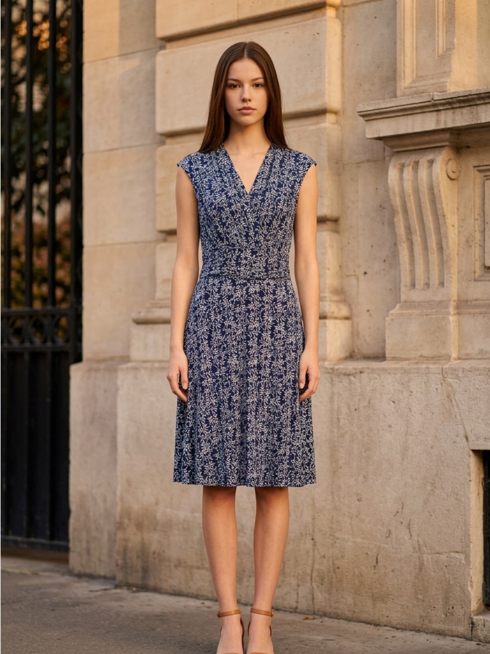 Jessica Howard Navy Floral Cap-Sleeve V-Neck Dress